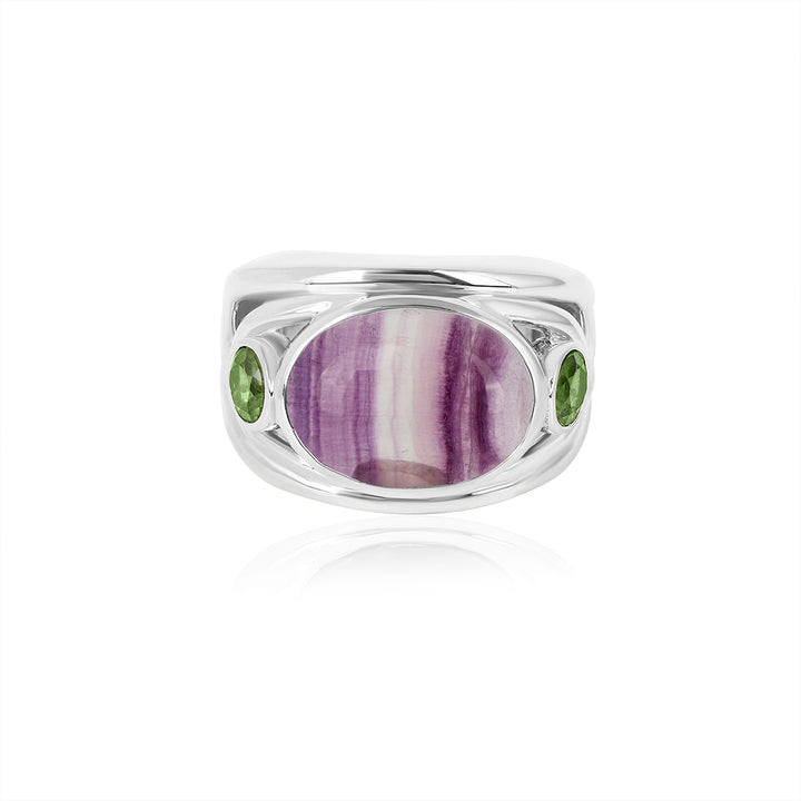 Fluorite and Green Tourmaline Silver Ring