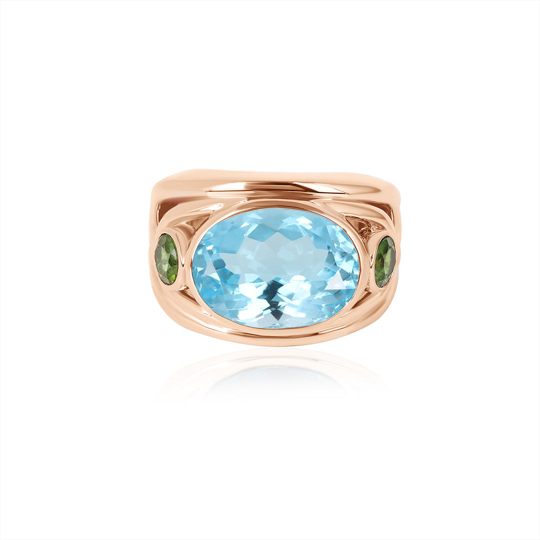 Blue Topaz and Green Tourmaline Silver Ring