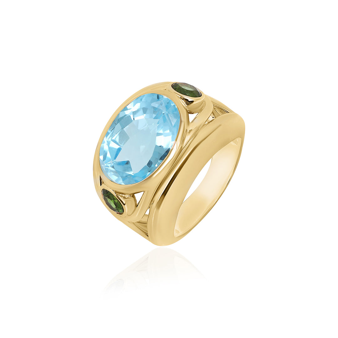 Blue Topaz and Green Tourmaline Silver Ring