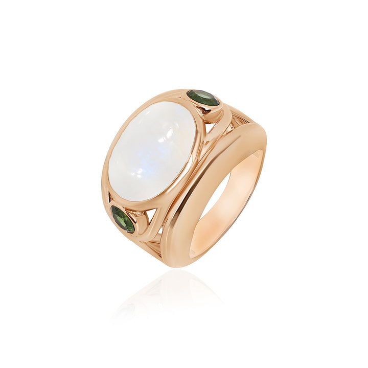 Rainbow Moonstone and Green Tourmaline Silver Ring