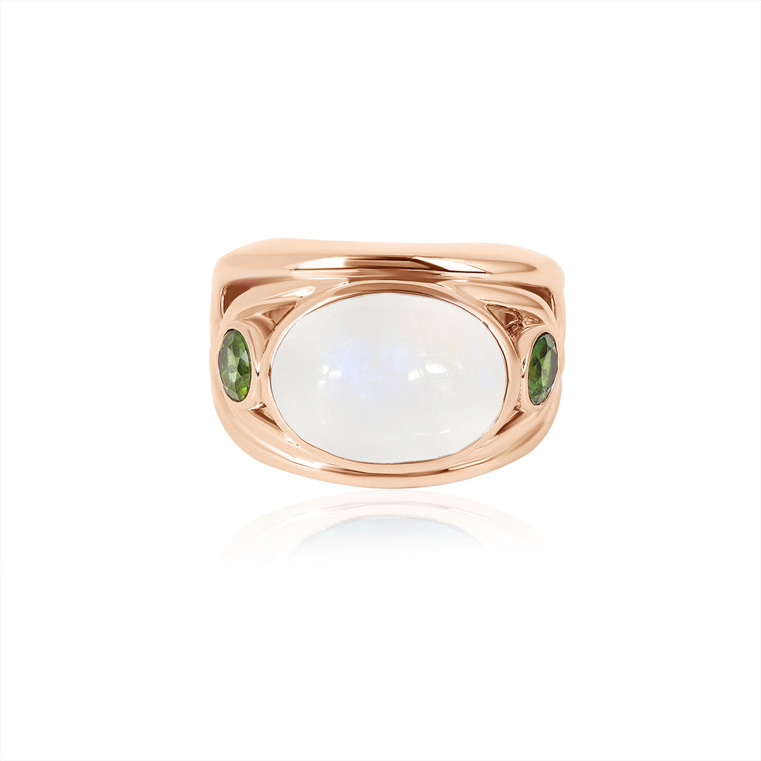 Rainbow Moonstone and Green Tourmaline Silver Ring