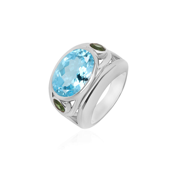 Blue Topaz and Green Tourmaline Silver Ring