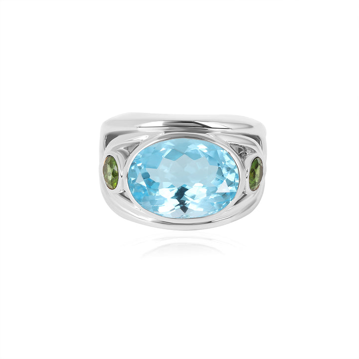 Blue Topaz and Green Tourmaline Silver Ring