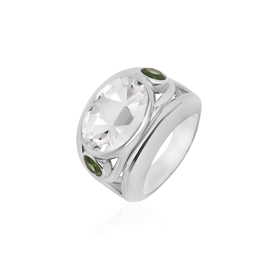 White Quartz and Green Tourmaline Silver Ring