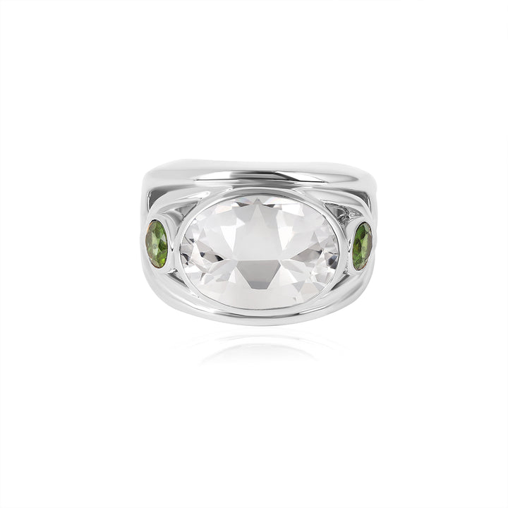 White Quartz and Green Tourmaline Silver Ring