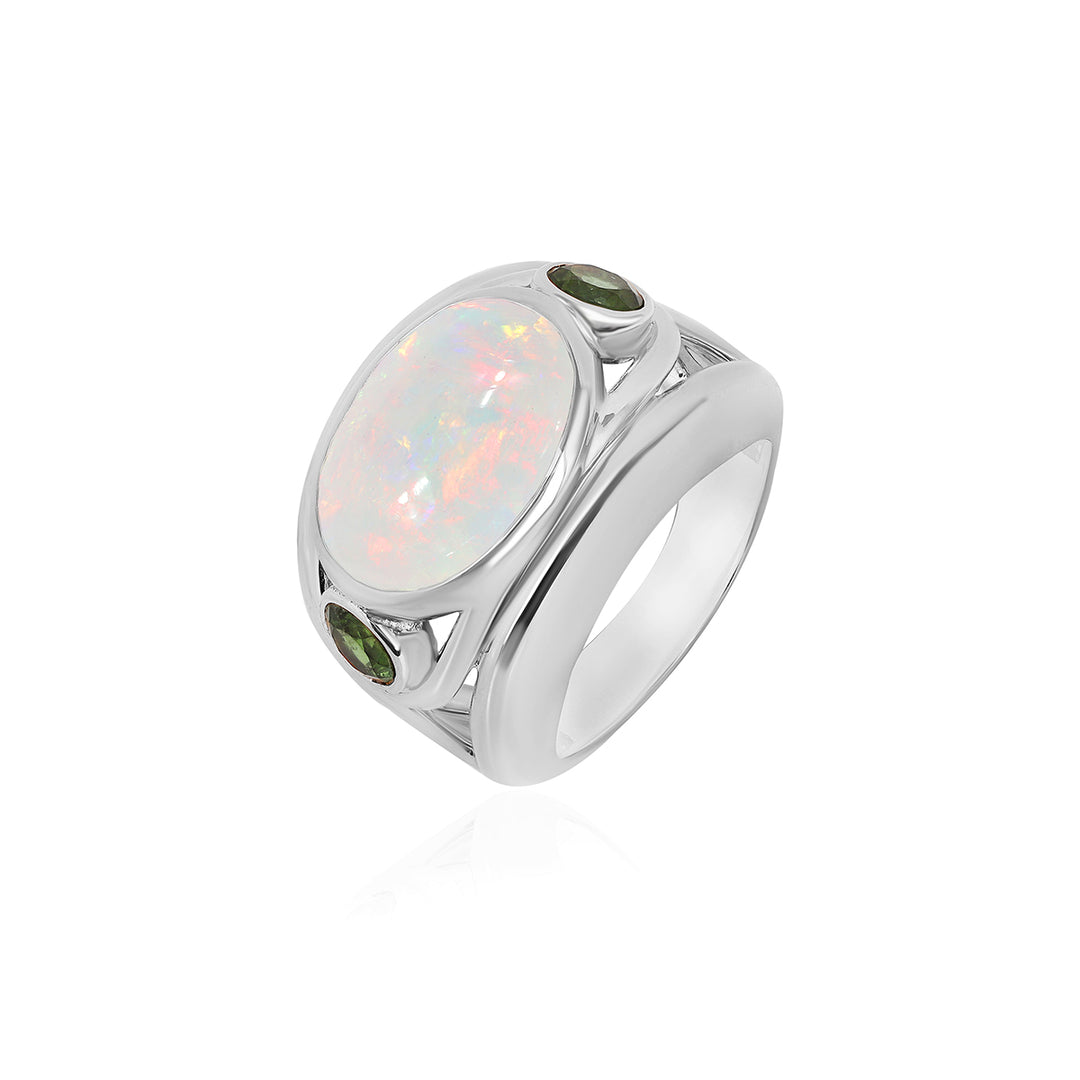 Ethiopian Opal and Green Tourmaline Silver Ring