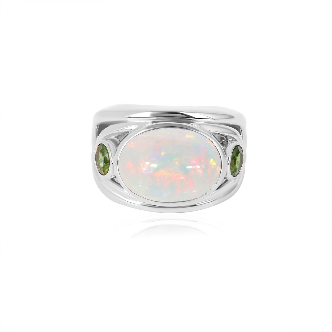 Ethiopian Opal and Green Tourmaline Silver Ring