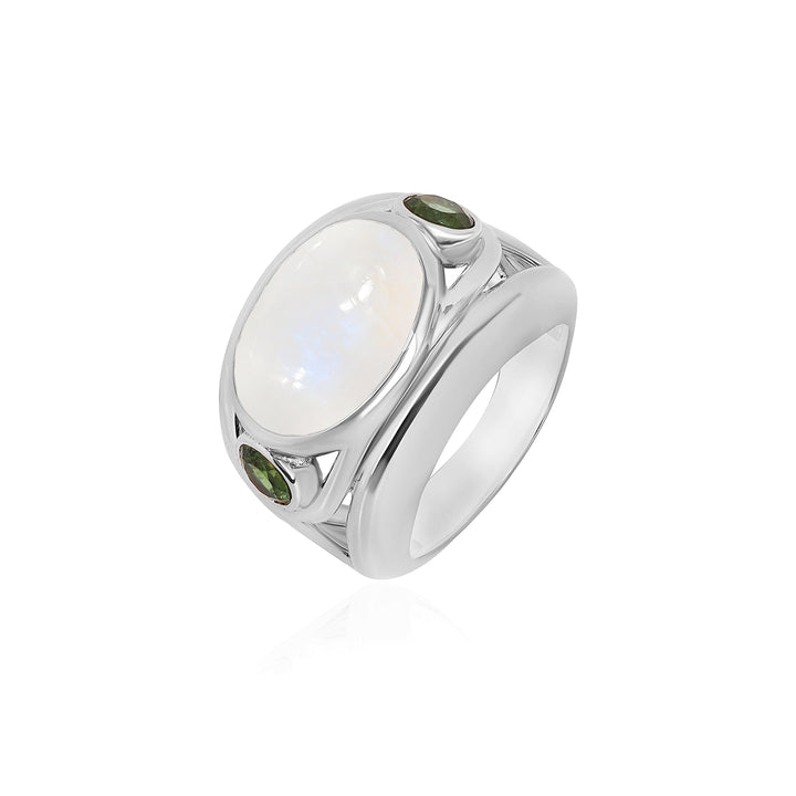 Rainbow Moonstone and Green Tourmaline Silver Ring