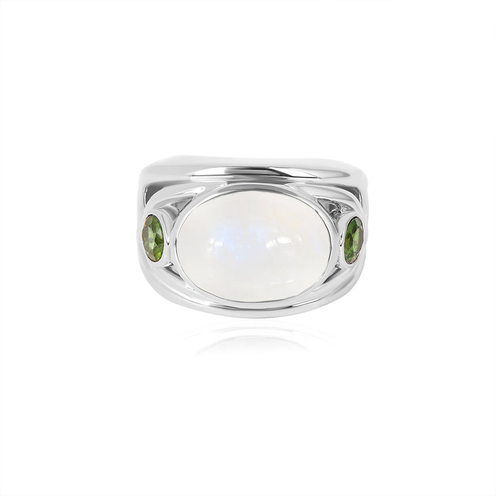 Rainbow Moonstone and Green Tourmaline Silver Ring