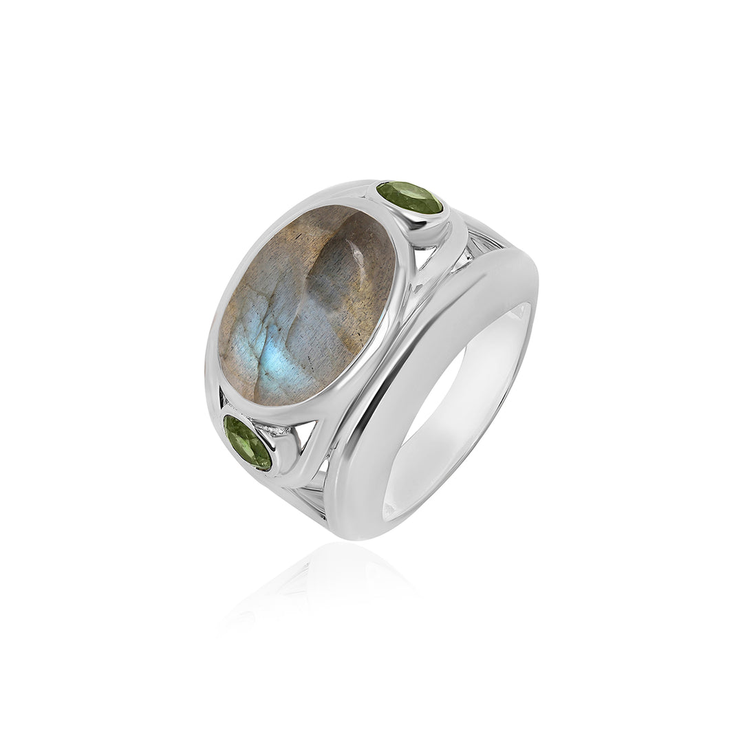 Labradorite and Green Tourmaline Silver Ring