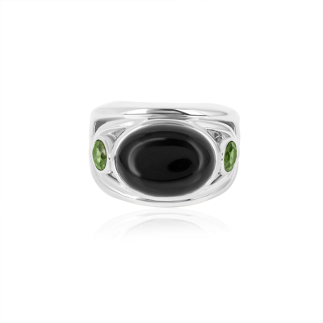 Black Onyx and Green Tourmaline Silver Ring