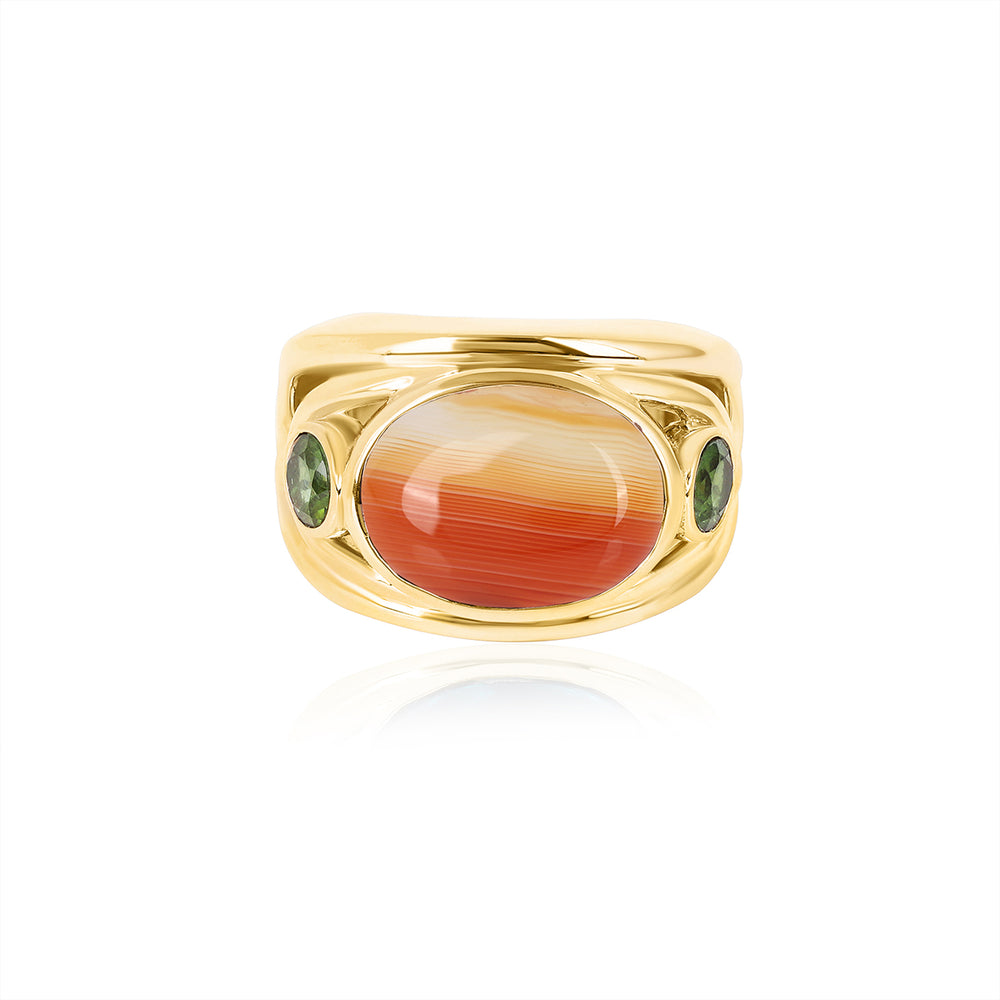 Orange Banded Agate and Green Tourmaline Silver Ring