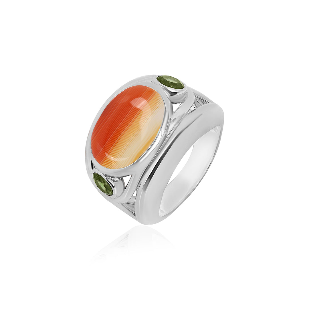 Orange Banded Agate and Green Tourmaline Silver Ring