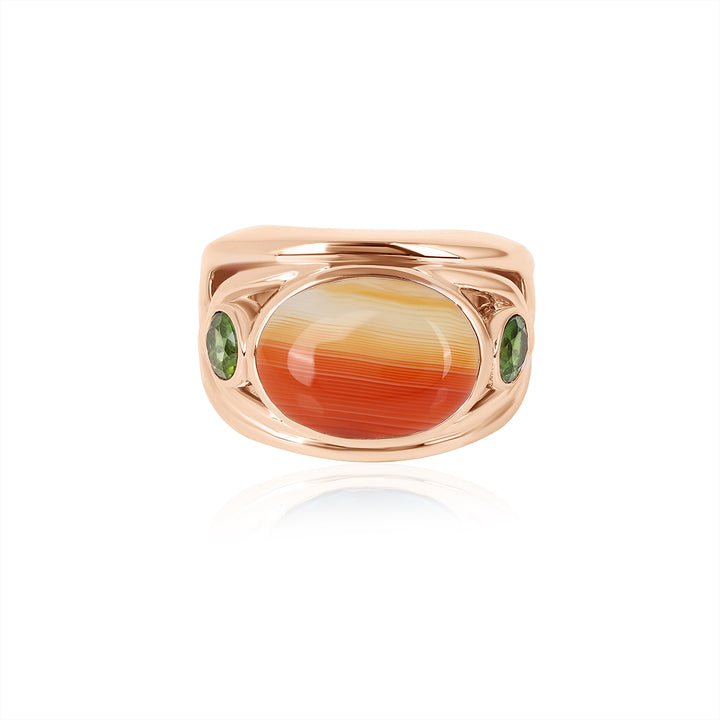 Orange Banded Agate and Green Tourmaline Silver Ring