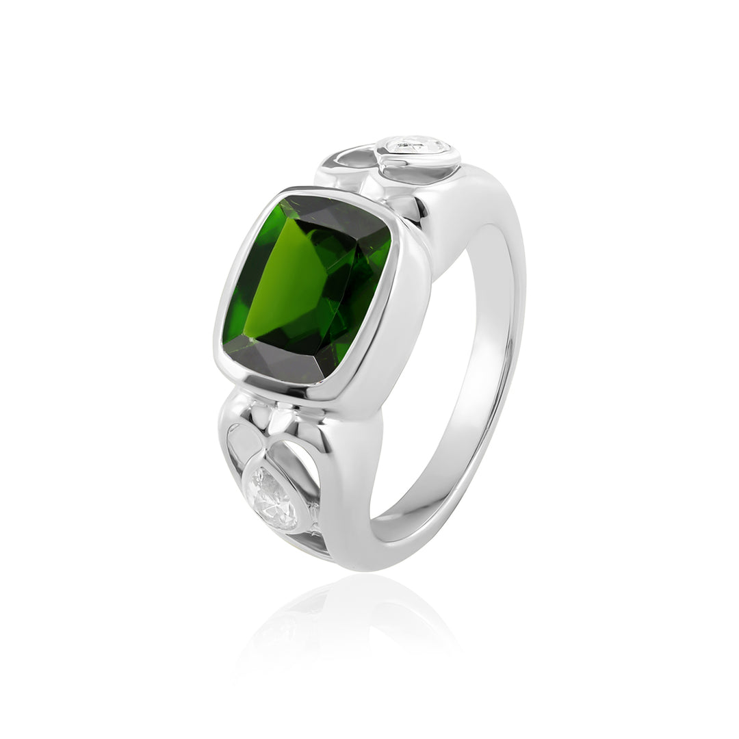 Chrome Diopside and Zircon 925 Silver Ring