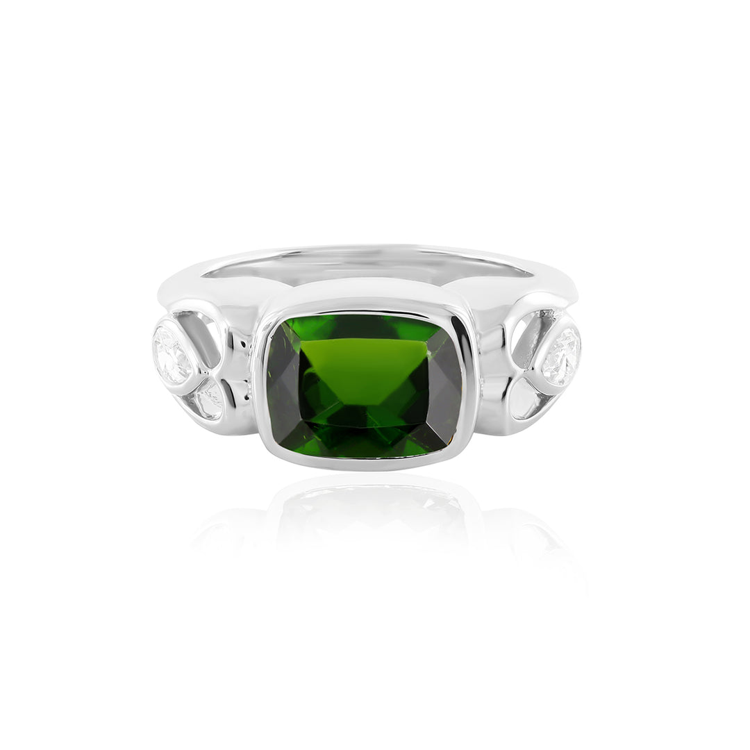 Chrome Diopside and Zircon 925 Silver Ring