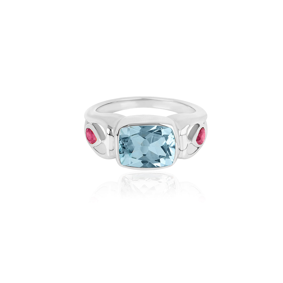 Sky Blue Topaz and Ruby Silver Ring