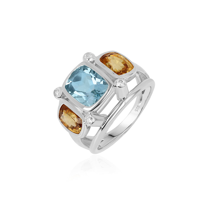 Blue Topaz and Mandarin Zircon Silver Ring