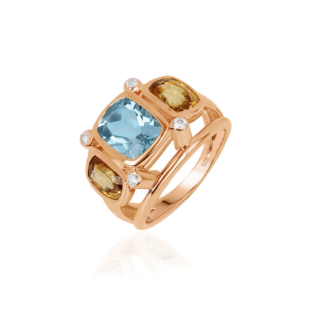 Blue Topaz and Mandarin Zircon Silver Ring