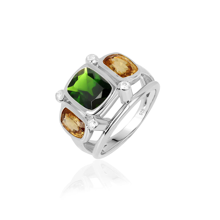 Chrome Diopside and Mandarin Zircon Silver Ring