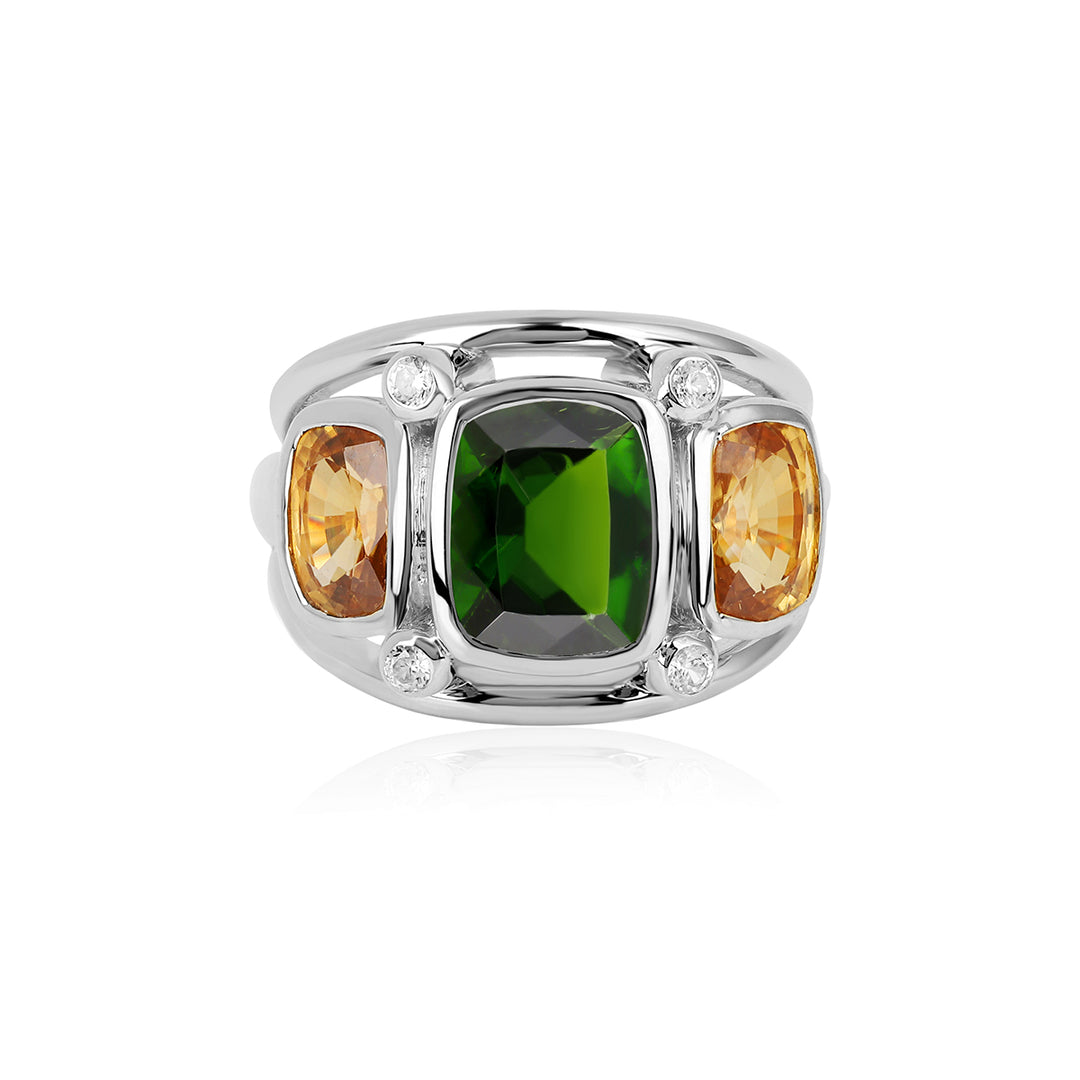 Chrome Diopside and Mandarin Zircon Silver Ring