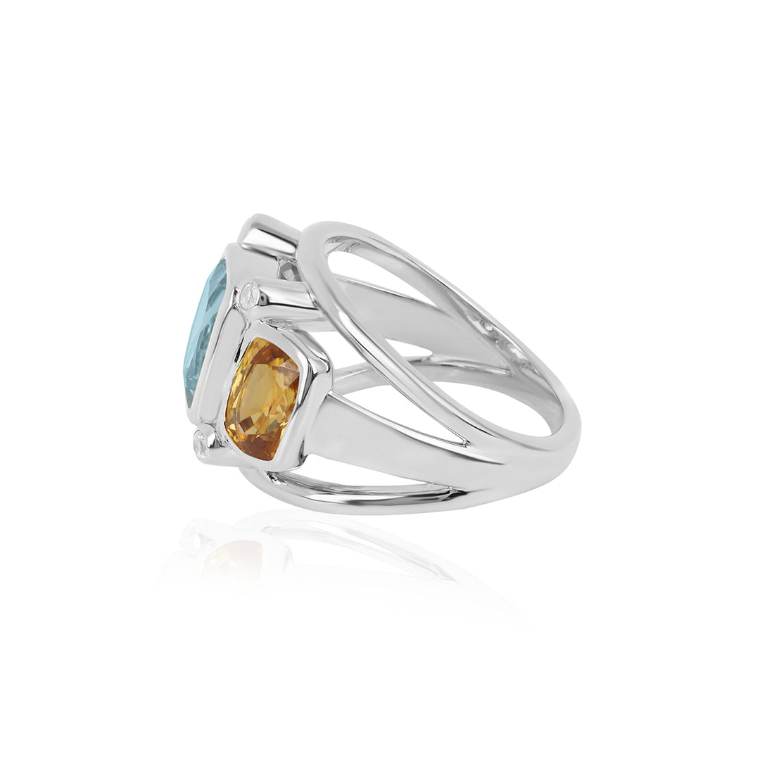 Blue Topaz and Mandarin Zircon Silver Ring
