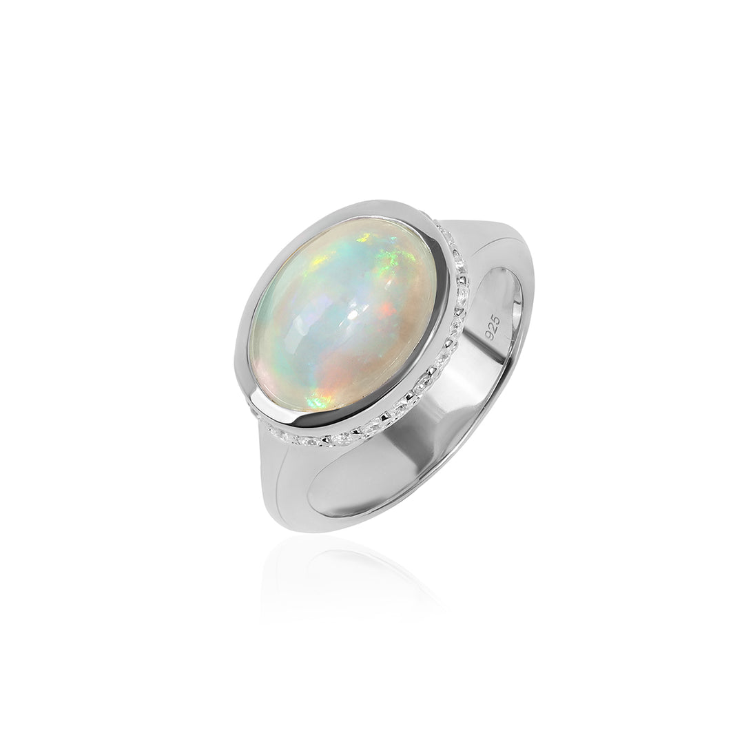 Ethiopian Opal and Zircon Ring 925 Silver