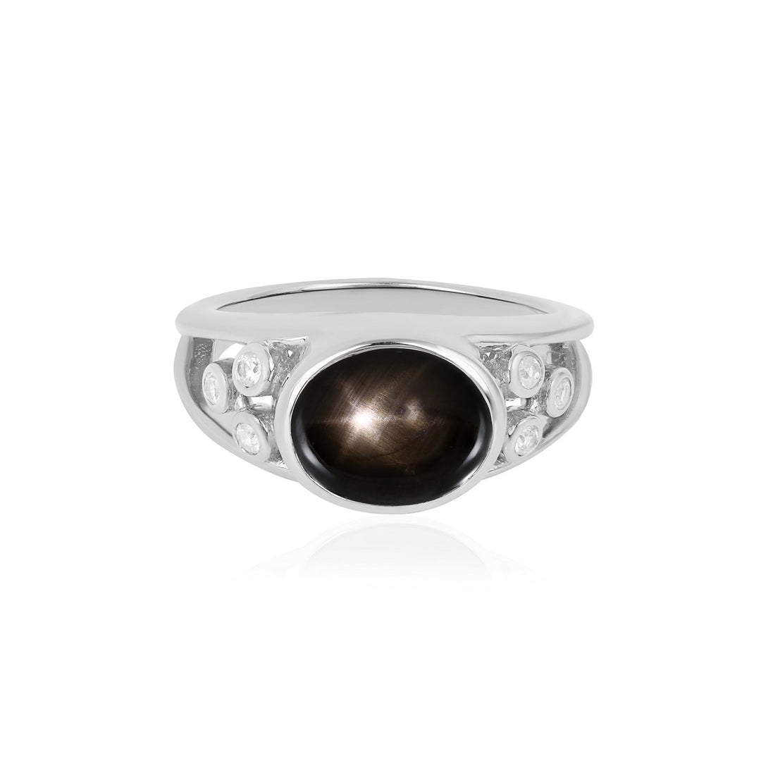 Black Star Sapphire and Zircon Silver Ring