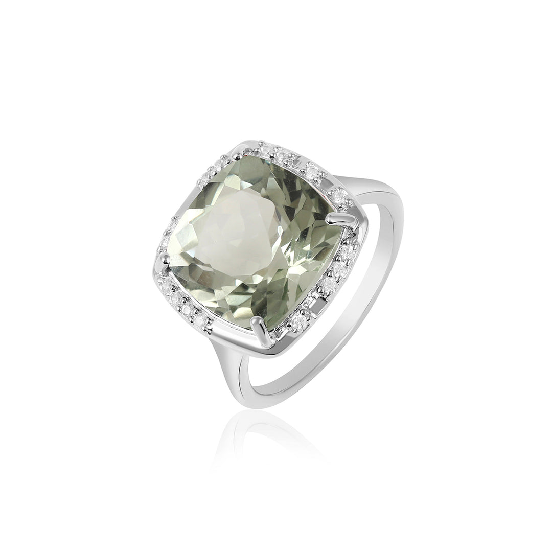 Green Amethyst with Zircon Silver Ring