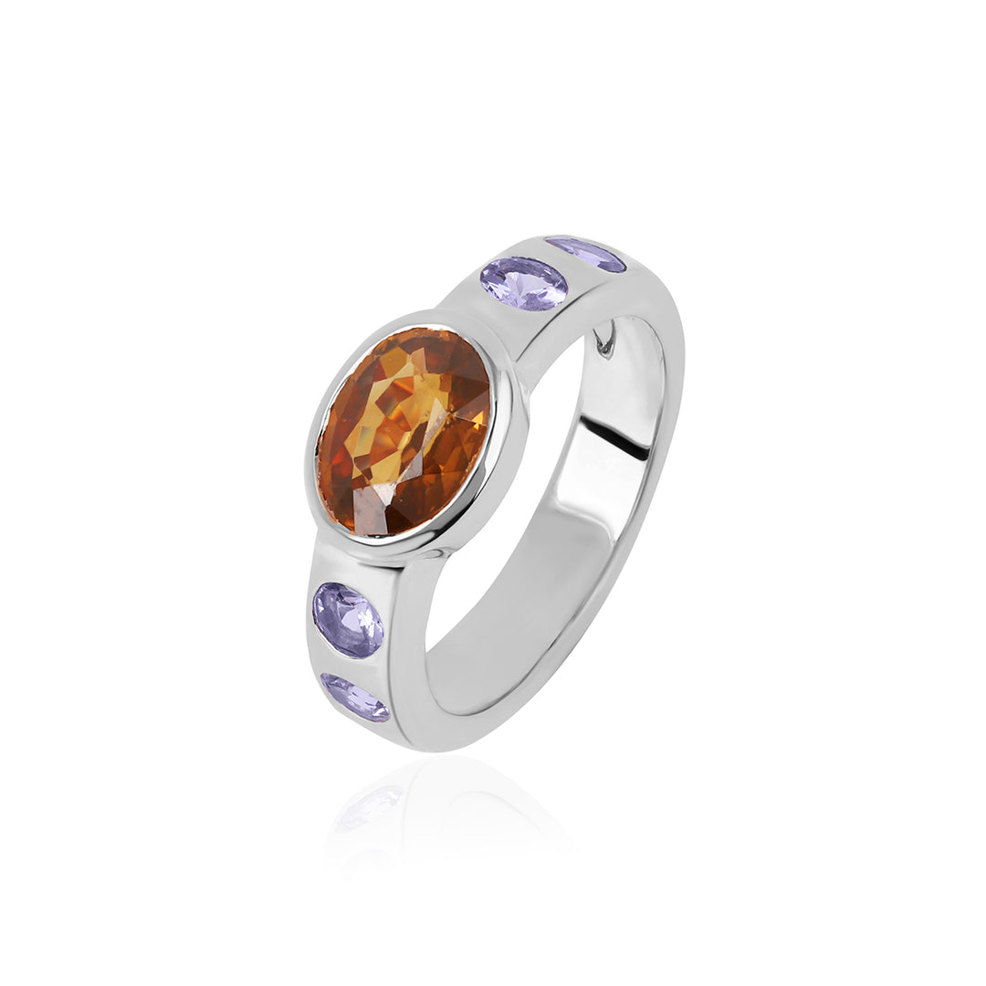 Mandarin Zircon and Tanzanite Silver Ring