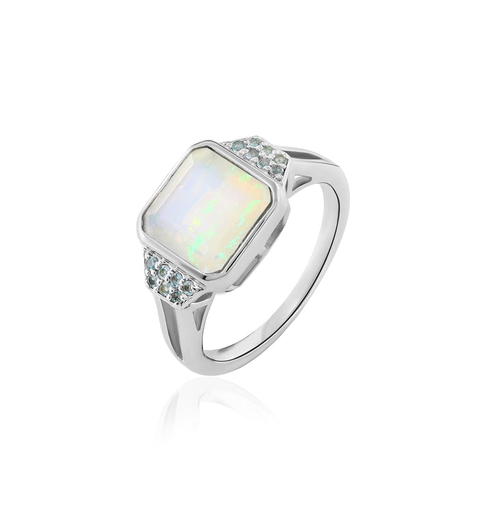 Ethiopian Opal and Swiss Blue Topaz Silver Ring