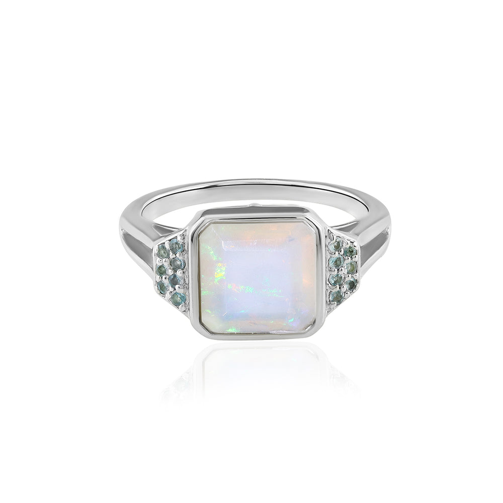 Ethiopian Opal and Swiss Blue Topaz Silver Ring