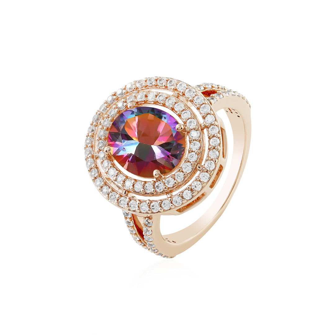 Mystic Topaz and Zircon Double Halo Silver Ring