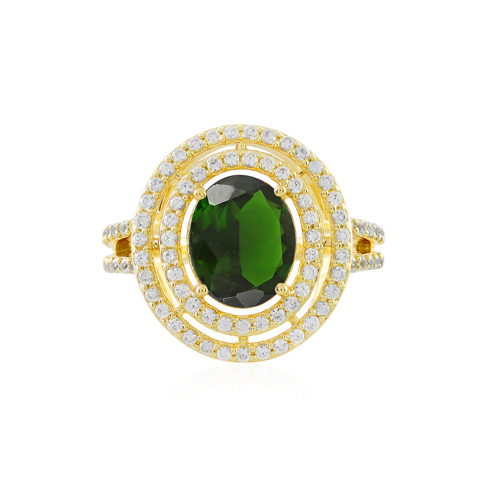 Chrome Diopside and Zircon Double Halo Silver Ring