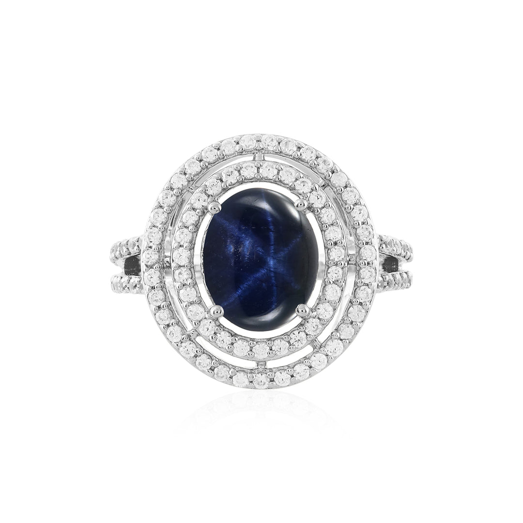 Diffusion Blue Star and Zircon Double Halo Silver Ring