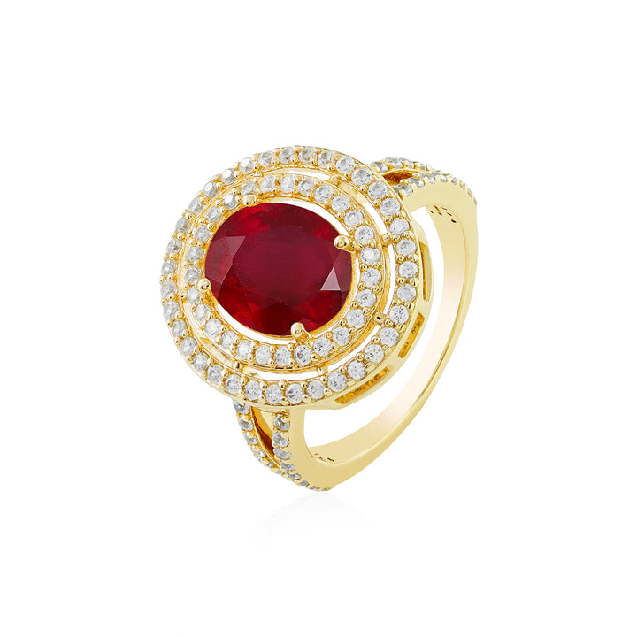 Ruby and Zircon Double Halo Gold Ring