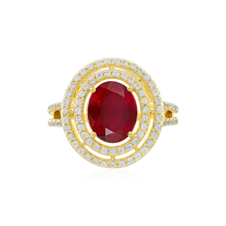 Ruby and Zircon Double Halo Gold Ring