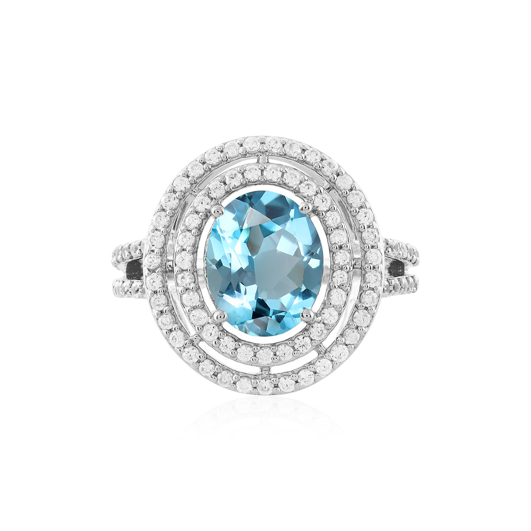 Blue Topaz and Zircon Double Halo Silver Ring