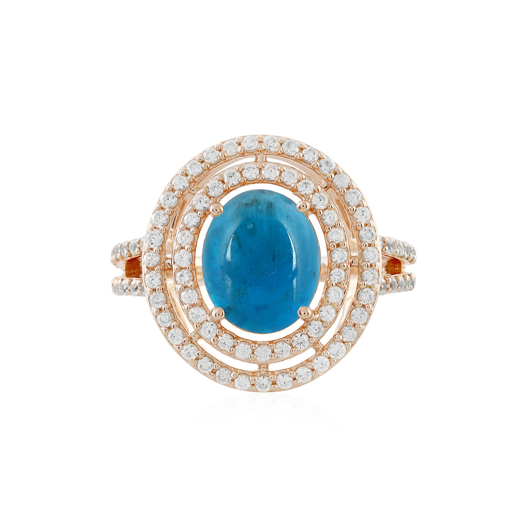 Neon Apatite and Zircon Double Halo Silver Ring