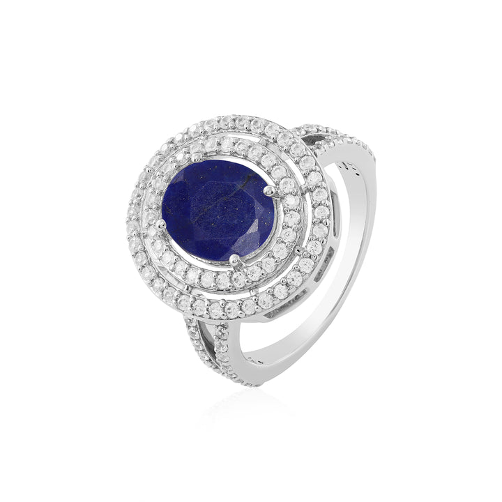 Lapis Lazuli and Zircon Double Halo Silver Ring