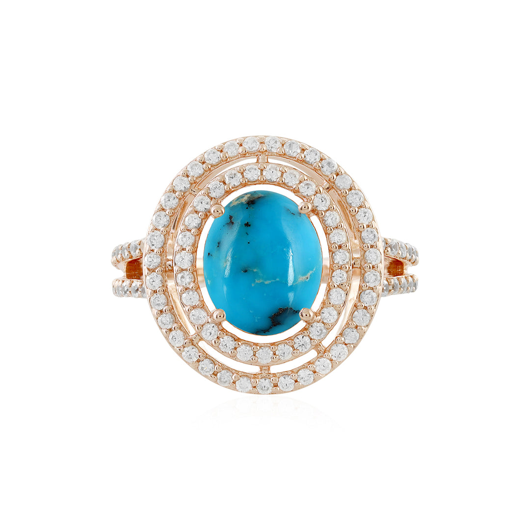 Turquoise and Zircon Double Halo Silver Ring