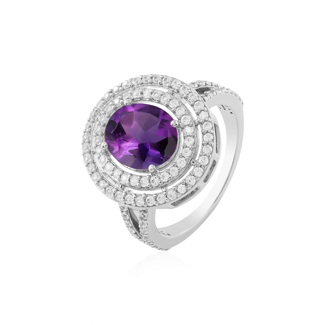 Amethyst and Zircon Double Halo Silver Ring