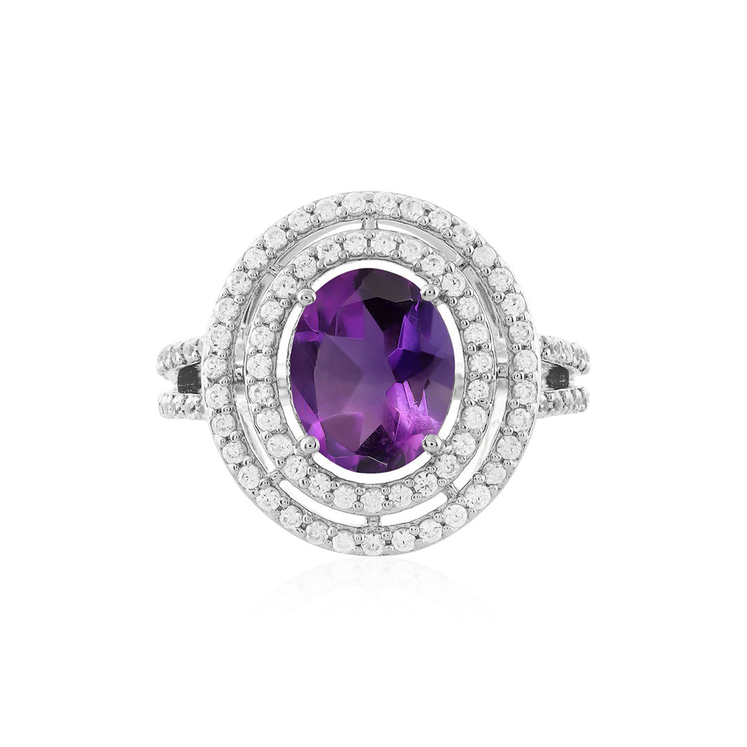 Amethyst and Zircon Double Halo Silver Ring