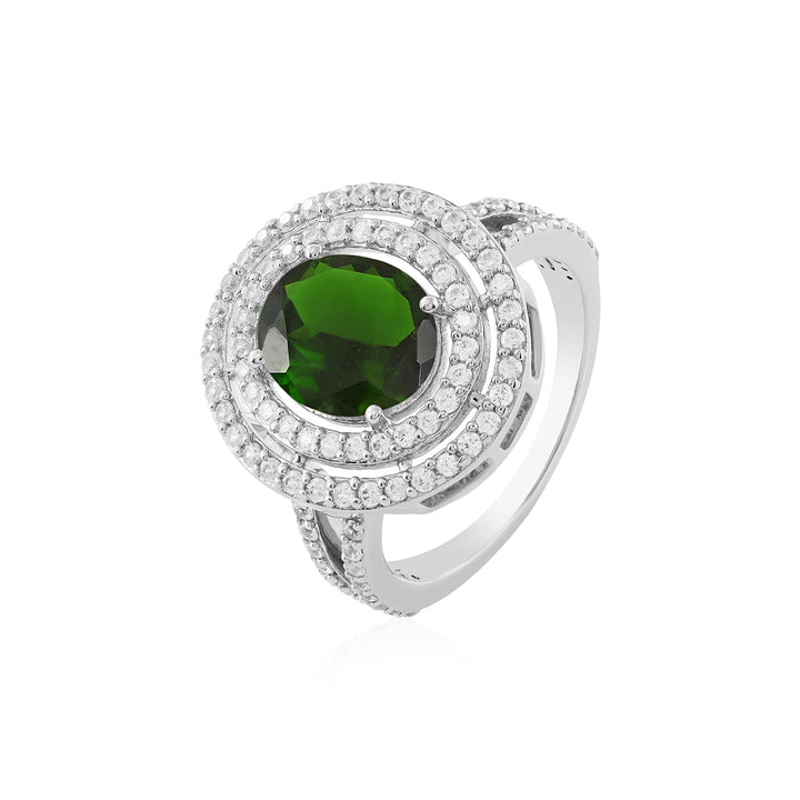 Chrome Diopside and Zircon Double Halo Silver Ring