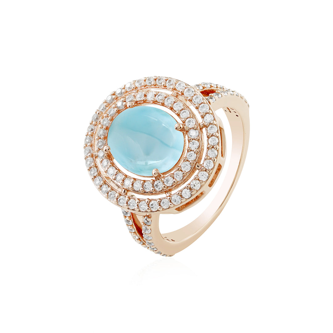 Larimar and Zircon Double Halo Silver Ring