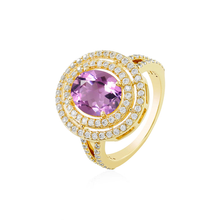 Pink Amethyst and Zircon Double Halo Silver Ring