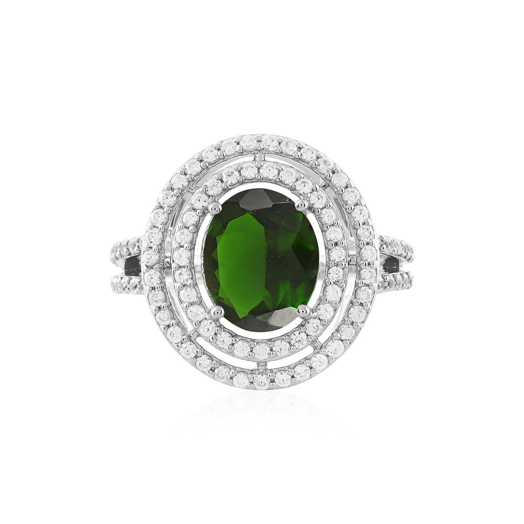 Chrome Diopside and Zircon Double Halo Silver Ring