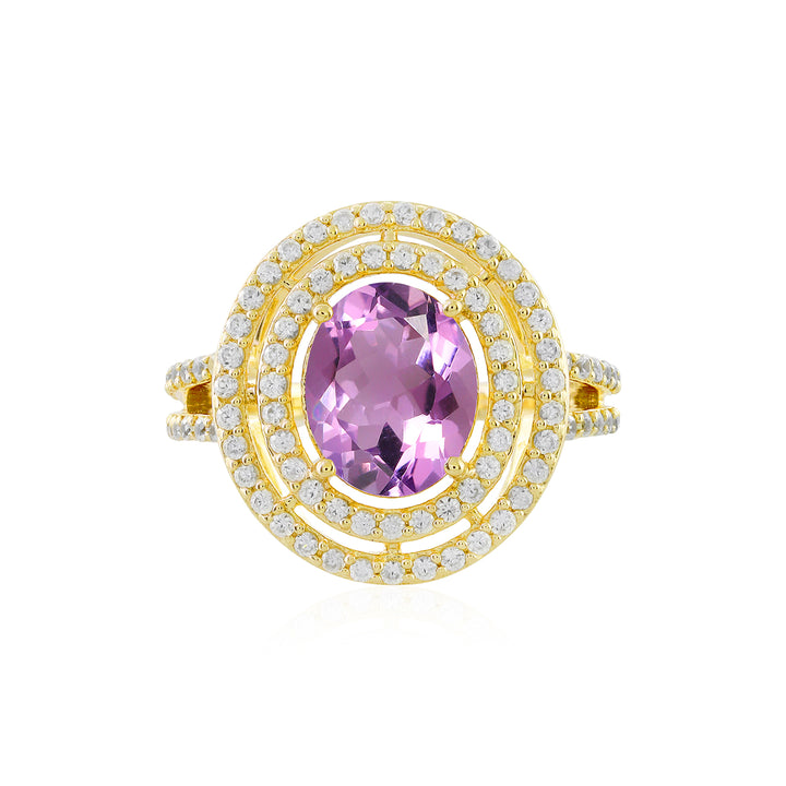 Pink Amethyst and Zircon Double Halo Silver Ring