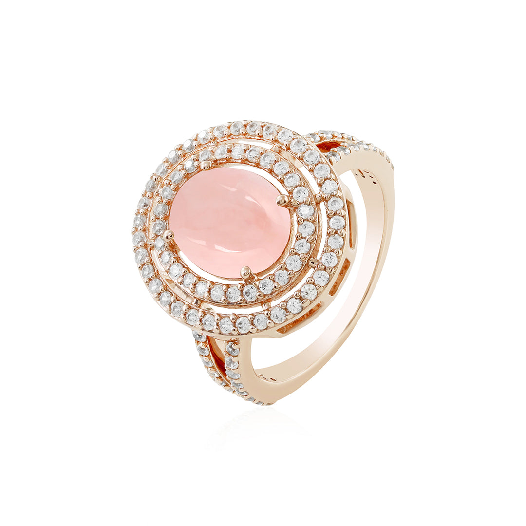 Pink Opal and Zircon Double Halo Silver Ring