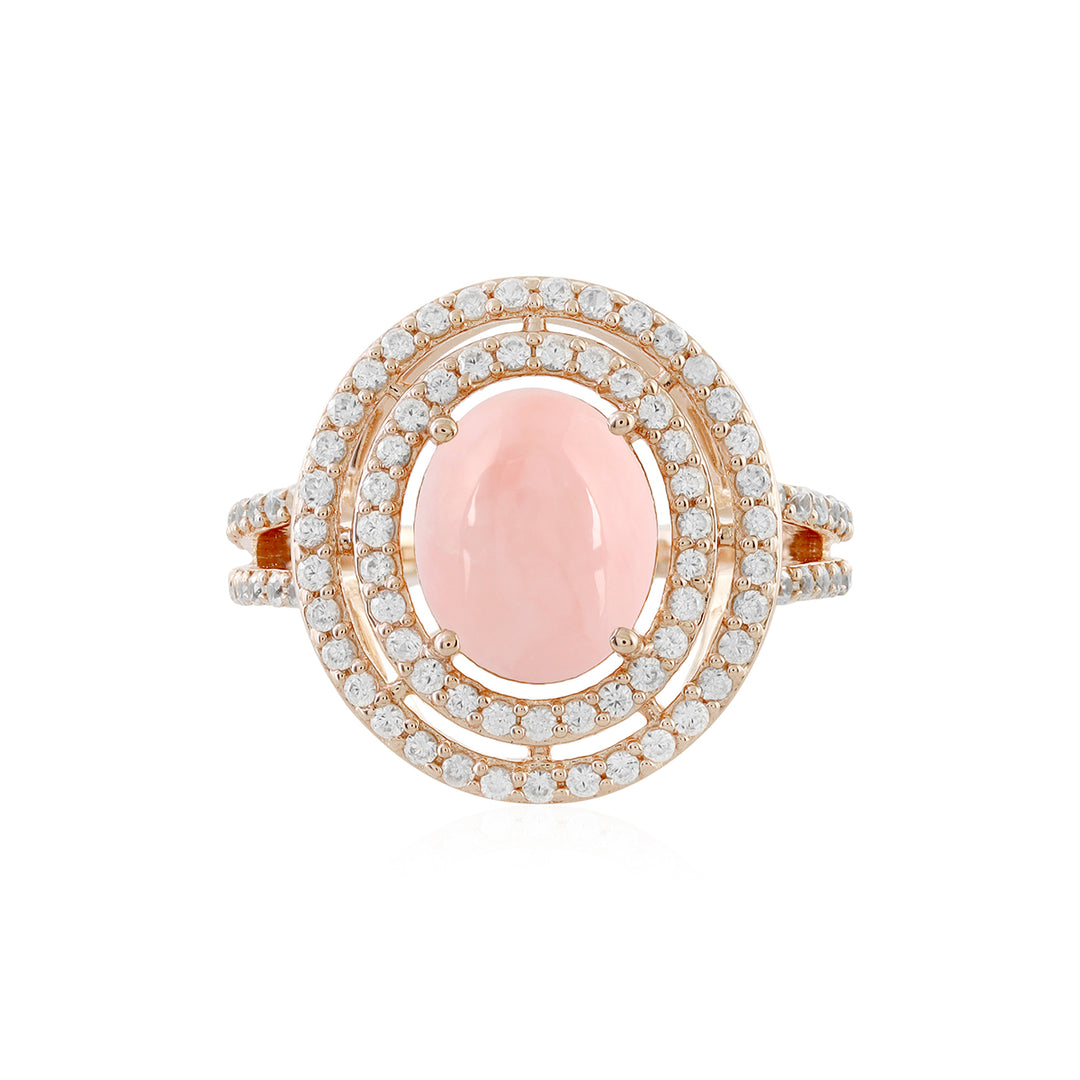 Pink Opal and Zircon Double Halo Silver Ring